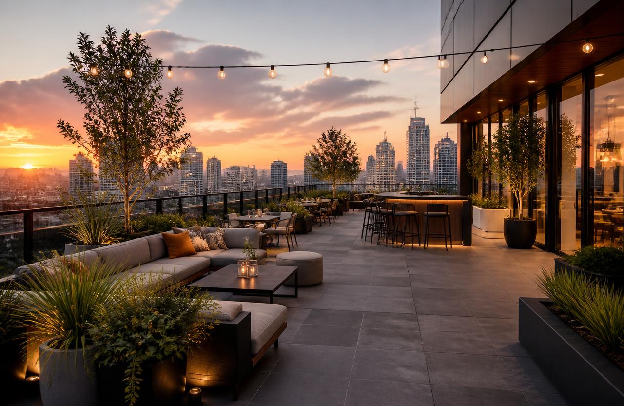 Artist's impression of the rooftop lounge deck at the Vihang Ventura commercial project