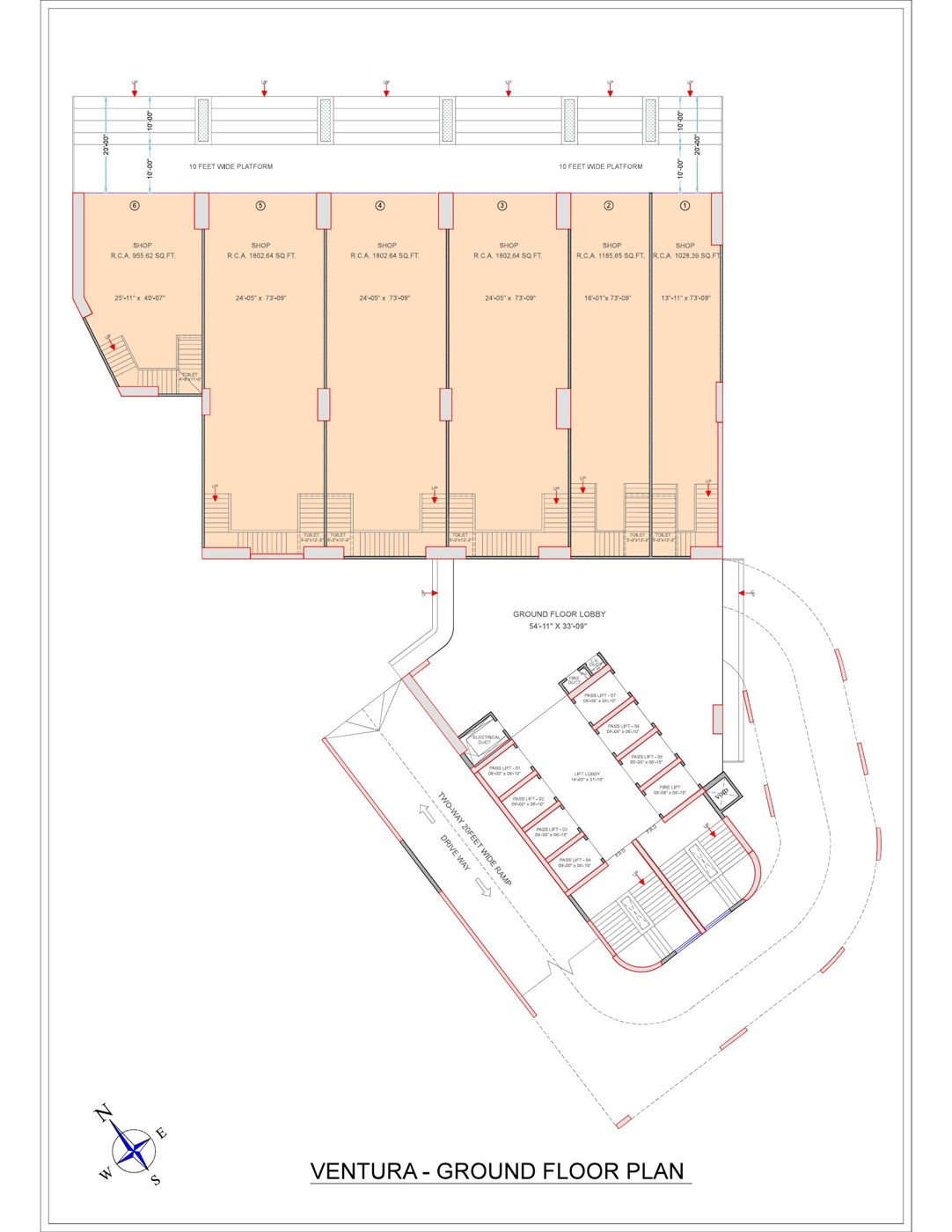 Ground floor plan of Vihang Ventura Mira Road showing six road-facing retail spaces in Mira Road